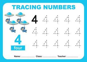 vestígio e escrever número para crianças. exercício para crianças para reconhecer a número. educacional planilha para pré escola vetor