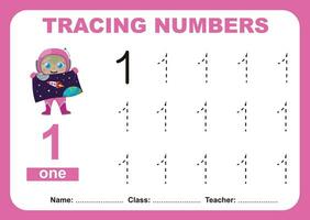 vestígio e escrever número para crianças. exercício para crianças para reconhecer a número. educacional planilha para pré escola vetor