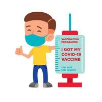homem toma a injeção em pé ao lado da placa da campanha de vacinação vetor