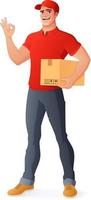 entregador de correio segurando uma caixa mostrando uma ilustração vetorial ok vetor