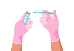 médico as mãos com luvas médicas segurando o frasco da vacina e a seringa. vetor