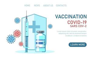 vacinação contra o vírus corona covid-19 com frasco de vacina, escudo, seringa vetor