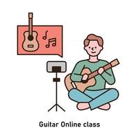 um homem está aprendendo violão enquanto assiste a uma aula online. vetor