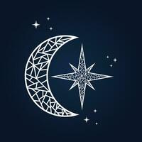 mosaico artes do crescente lua e Estrela dentro a noite céu. elegante estético Projeto vetor com espumante estrelas. ícone, logotipo, ou ornamento.