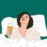 uma mulher bebidas uma vidro do champanhe dentro cama. vetor. vinho Tempo vetor