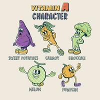 ruíta e vegetal mascote desenho animado personagem agrupar conjunto contendo Vitamina uma vetor