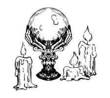 Antiguidade Magia cristal bola e velas. oculto, fortuna dizendo, feitiçaria, esotérico Itens esboço. dia das Bruxas mão desenhado vetor ilustração dentro retro estilo isolado em branco.