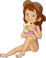 fofa pequeno menina desenho animado bebendo suco vetor