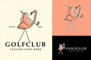 flamingo pássaro logotipo ilustração com golfe clube profissional golfe bola logotipo modelo Projeto vetor