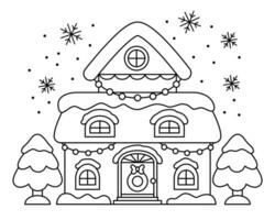 vetor Preto e branco desenho animado decorado casa com neve, guirlandas, flocos de neve. fofa Natal casa ilustração isolado em branco fundo. Novo ano ou inverno linha ícone. engraçado coloração página