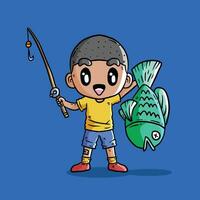 fofa Garoto pescaria vetor ilustração. fofa pescador vetor ilustração. pescador vetor ilustração. grande peixe