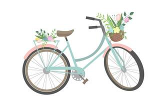 fofa bicicleta com colorida flores e cesta. retro bicicleta, cesta com flores e plantas. vetor ilustração