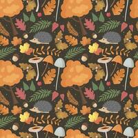 outono padronizar com ouriço, cogumelos, árvore, folhas. floresta fundo, vetor desatado padronizar.