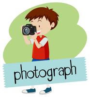 Wordcard para fotografia com menino tirando foto com a câmera vetor