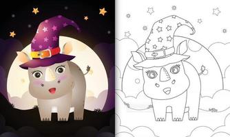 livro para colorir com um desenho fofo de halloween bruxa rinoceronte em frente à lua vetor