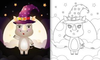 livro para colorir com um desenho fofo de halloween bruxa rinoceronte em frente à lua vetor