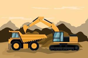 caminhão de mineração e retroescavadeira Caterpillar fazendo construção vetor