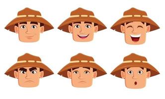 expressões faciais de fazendeiro de chapéu vetor