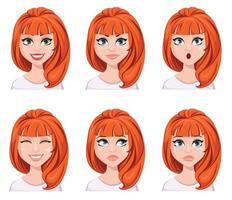 expressões faciais de uma mulher ruiva. diferentes emoções femininas, conjunto. vetor