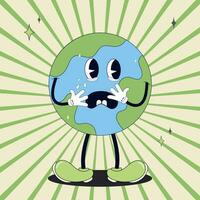 retro groovy desenho animado estilo terra planeta Terra dia.70s. Salve  a terra. desenho animado fofa terra planeta personagem. conceito do mundo meio Ambiente dia dentro retro estilo. mundo meio Ambiente dia vetor