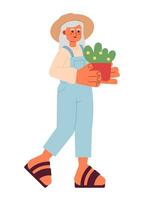 jardineiro Senior mulher segurando plantar 2d desenho animado personagem. avó jardinagem. fêmea agricultor maduro isolado vetor pessoa branco fundo. plantio horticultura cor plano local ilustração