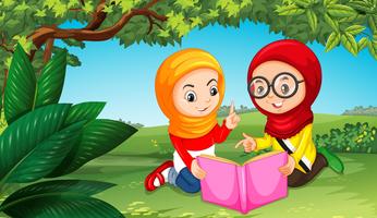 Dois, meninas muçulmanas, livro leitura, parque vetor