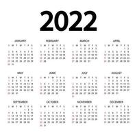 calendário de 2022 anos. a semana começa no domingo. modelo de calendário anual 2022. design do calendário nas cores preto e branco. domingo em cores vermelhas. vetor