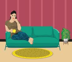 lindo menina sentado em sofá tendo uma copo do chá vetor
