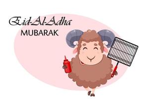 Cartão de felicitações de eid al adha mubarak. ovelha de desenho animado vetor