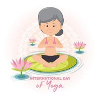banner do dia internacional de ioga com uma velha fazendo exercícios de ioga vetor