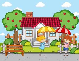 cena na frente da casa com duas garotas segurando guarda-chuva vetor