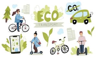 eco urbano cidade transporte conjunto mulher andando de scooter elétrico vetor