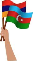 cruzado e acenando bandeiras do Armênia e Azerbaijão. vetor ilustração do mão segurando armênio e azerbaijano bandeiras. Nagorno Karabakh conflito.