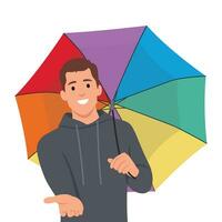 jovem homem sorridente alegremente com amigáveis e oferta e mostrando uma conceito. guarda-chuva conceito. vetor