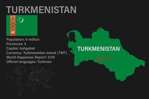 mapa altamente detalhado do Turcomenistão com bandeira, capital e um pequeno mapa do mundo vetor