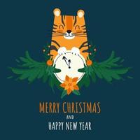 cartão de feliz Natal com tigre bonito dos desenhos animados em ramos de pinheiro vetor