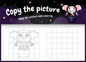 copie o jogo de crianças e a página para colorir com um elefante fofo vetor
