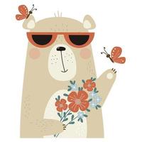 urso fofo em óculos de sol com um buquê de flores e borboletas vetor