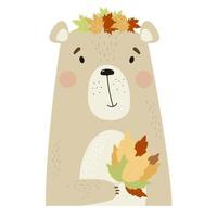 urso fofo com folhas coloridas de outono vetor
