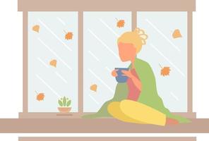 menina bebe café e descansa perto da janela no outono em um dia chuvoso vetor