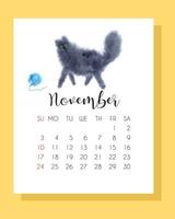 novembro calendário 2024 com mão desenhado aguarela Preto gato. calendário 2024. outono calendário 2024 com bonitinho, fofo gato. vetor