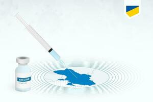 covid-19 vacinação dentro Ucrânia, coronavírus vacinação ilustração com vacina garrafa e seringa injeção dentro mapa do Ucrânia. vetor