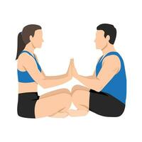 jovem casal fazendo acro ioga exercício. sentar em a terra alongamento com mãos em cada outro. vetor
