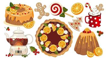 Natal doces laranja definir. chocolate bolo, Bolinho, pirulito, caramelo bengala, gengibre biscoitos, vidro chaleira em uma vela. ilustrado vetor grampo arte.