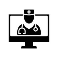 conectados profissional médico ícone. telemedicina ou telessaúde virtual médico Visita ou perguntar médico em computador portátil computador para cuidados de saúde aplicativo e rede. sólido vetor ilustração Projeto em branco fundo eps10