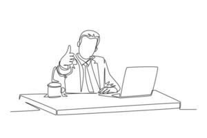 solteiro 1 linha desenhando jovem homem de negocios sentado em cadeira dentro frente do computador portátil e dando polegares acima gesto. sucesso o negócio Gerente conceito. moderno contínuo linha Projeto gráfico vetor ilustração