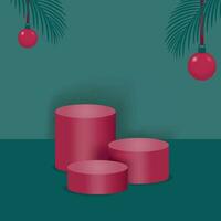 Natal vermelho pódios em uma verde fundo com abeto galhos e vermelho Natal bolas. vetor