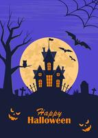 cartaz de halloween, panfleto de convite de festa assustadora, banner. castelo escuro, lua, morcegos, sepulturas, lápides, cruzes, árvore, coruja, abóboras. ilustração vetorial de noite de halloween. vetor