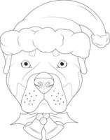 Natal cumprimento cartão para coloração. rottweiler cachorro com papai noel chapéu e Natal sinos vetor