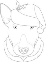 Natal cumprimento cartão para coloração. touro terrier cachorro com papai noel chapéu vetor